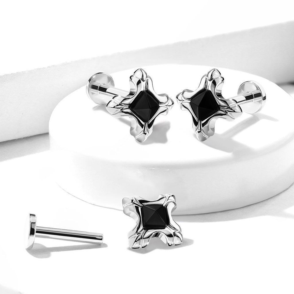Tribal Square with Black Square Pyramid Crystal 316L Surgical Steel Internally T